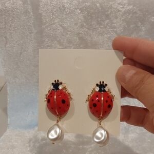 Red Ladybug Earrings with Pearl Drop